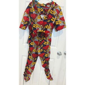 African Print Jumpsuit Jumper Drawstring Tulip Hem Short Sleeve Red Yellow S